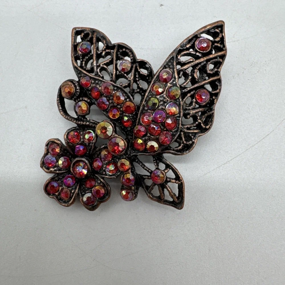 Vintage Pink Rhinestone Butterfly Flower Brooch/Pin 2